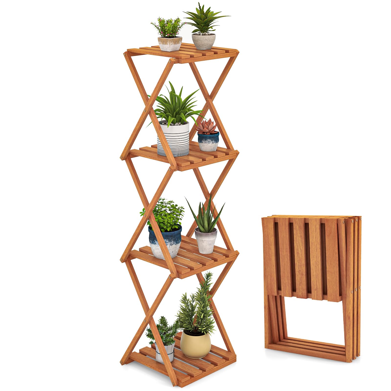 COSTWAY 4-Tier Folding Plant Rack, Free Standing Decorative Storage Stand Shelving Shelf, Wooden Corner Flowers Display Holder for Living Room Balcony Garden Patio