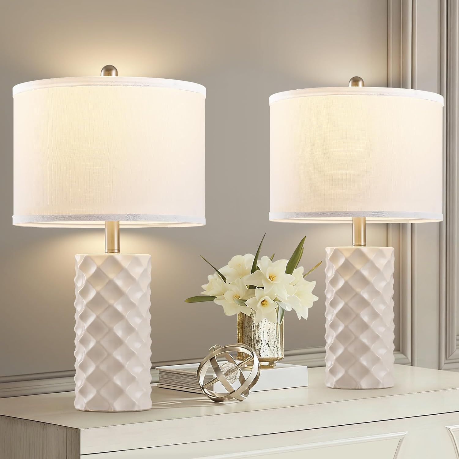 Gentle Beige & Star Diamond Ceramic Table Lamps (Set of 2) - 23" Luxe Modern Bedside Lamps for Nightstand,bedrooms, Living Rooms, or entryways & Rotary Switch,No Bulbs