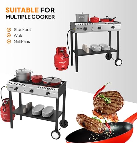 Miniatura 4 de ROVSUN Quemador de propano de 3 quemadores para exteriores con encendido y regulador, 225,000 BTU potente y portátil, estufa de gas para exteriores,
