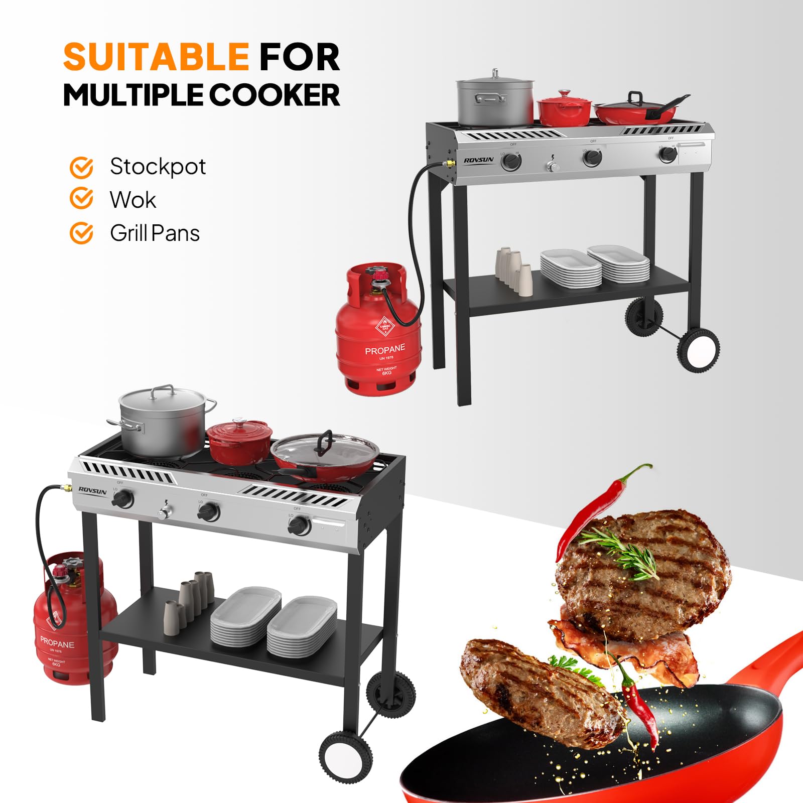 ROVSUN Quemador de propano de 3 quemadores para exteriores con encendido y regulador, 225,000 BTU, potente y portátil, estufa de gas para exteriores, para patio, cocina, hogar, camping, elaboración de