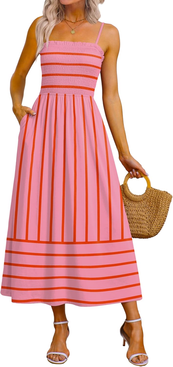  Womens Spaghetti Strap Maxi Dresses Smocked with Pockets 2026 Summer Spring Casual Boho Beach Long Sundresses