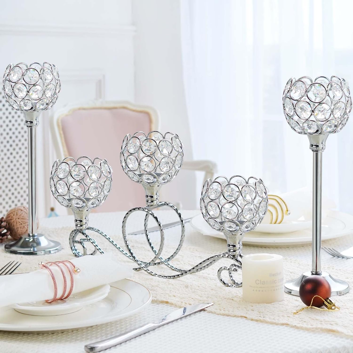 Silver Set of 6 Metal Crystal Tea Light Candle Holder, Elegant Wedding Table Centerpiece Candle Holder, Christmas Wishing Crystal Bowl Candle Holder Suitable for Wedding Party Living Room Decoration