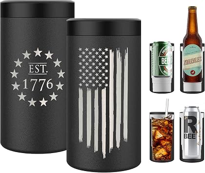 American Flag 4 in 1 Insulated Can Cooler, Fits Most Bottles & Cans Universal Can Cooler - American Flag Gift | Flag 4 in 1 Can Cooler