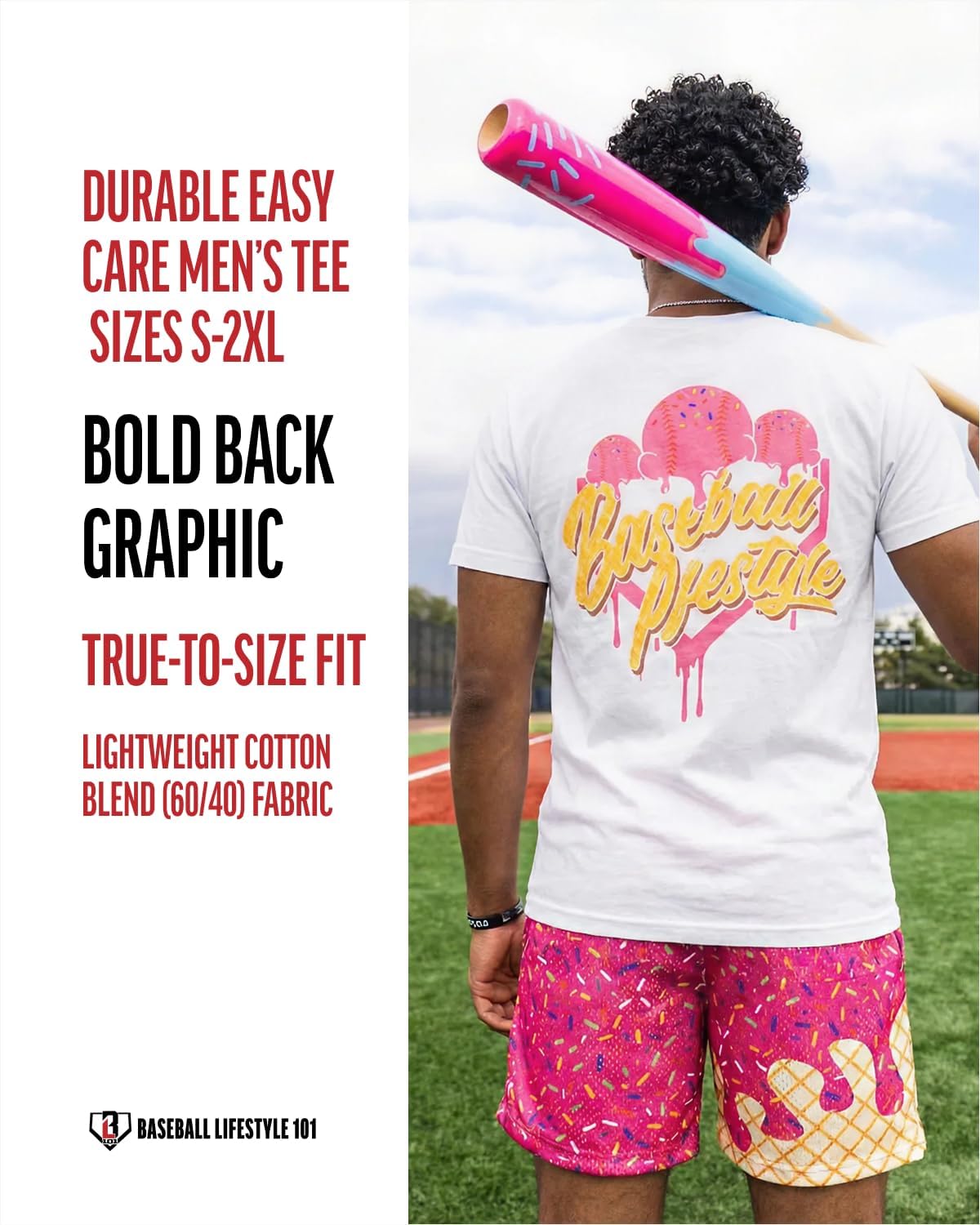Baseball Lifestyle 101 Ice Cream Tee for Men - Strawberry, Soft 60/40 Blend, Breathable Side-Seamed T-Shirt Adult Sizes S-XL - Image 5