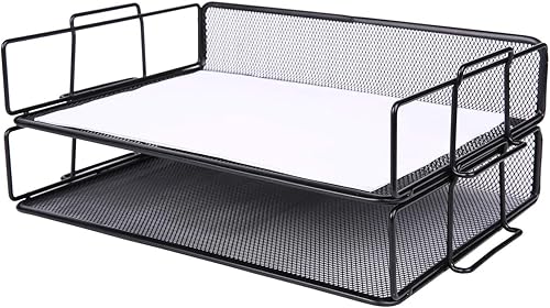 Miniatura 5 de Exerz Bandejas para cartas, 2 unidades, apilables, organizador de escritorio, bandeja de archivos para escritorio, estante de archivos de metal de