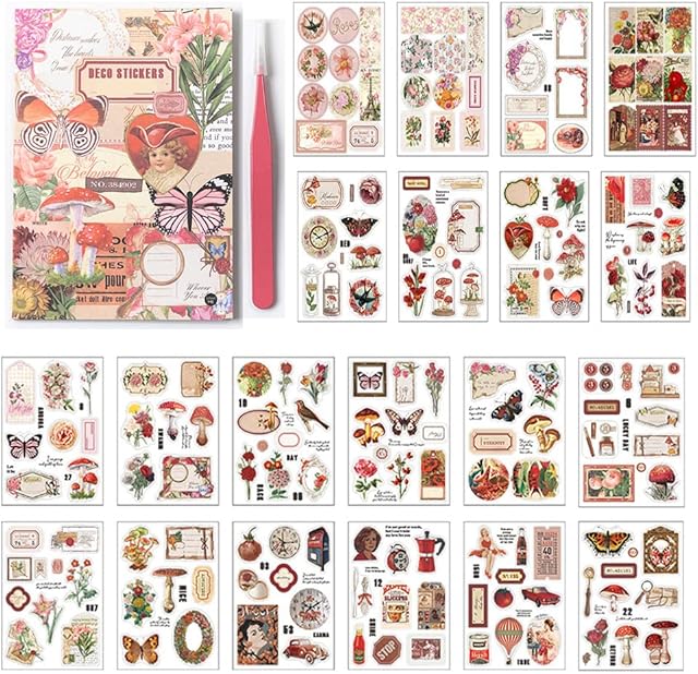 Alideco Vintage Scrapbook Stickers Pack DIY Kawaii Water Proof Journaling Supplies kit Stickers for Scrabooking Mushroom Scrapbook Paper Accessories 20sheets/About 165pcs