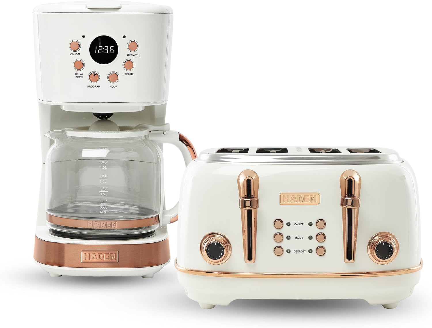 Haden Heritage 4 Slice Wide Slot Stainless Steel Toaster Bundled with 12 Cup Programmable Drip Coffee Maker Coffee Machine, Ivory & Copper