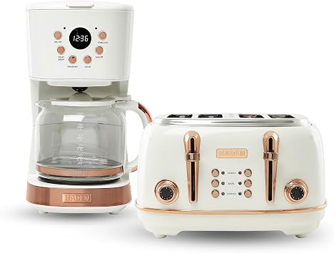 Haden Heritage 4 Slice Wide Slot Stainless Steel Toaster Bundled with 12 Cup Programmable Drip Coffee Maker Coffee Machine, Ivory & Copper