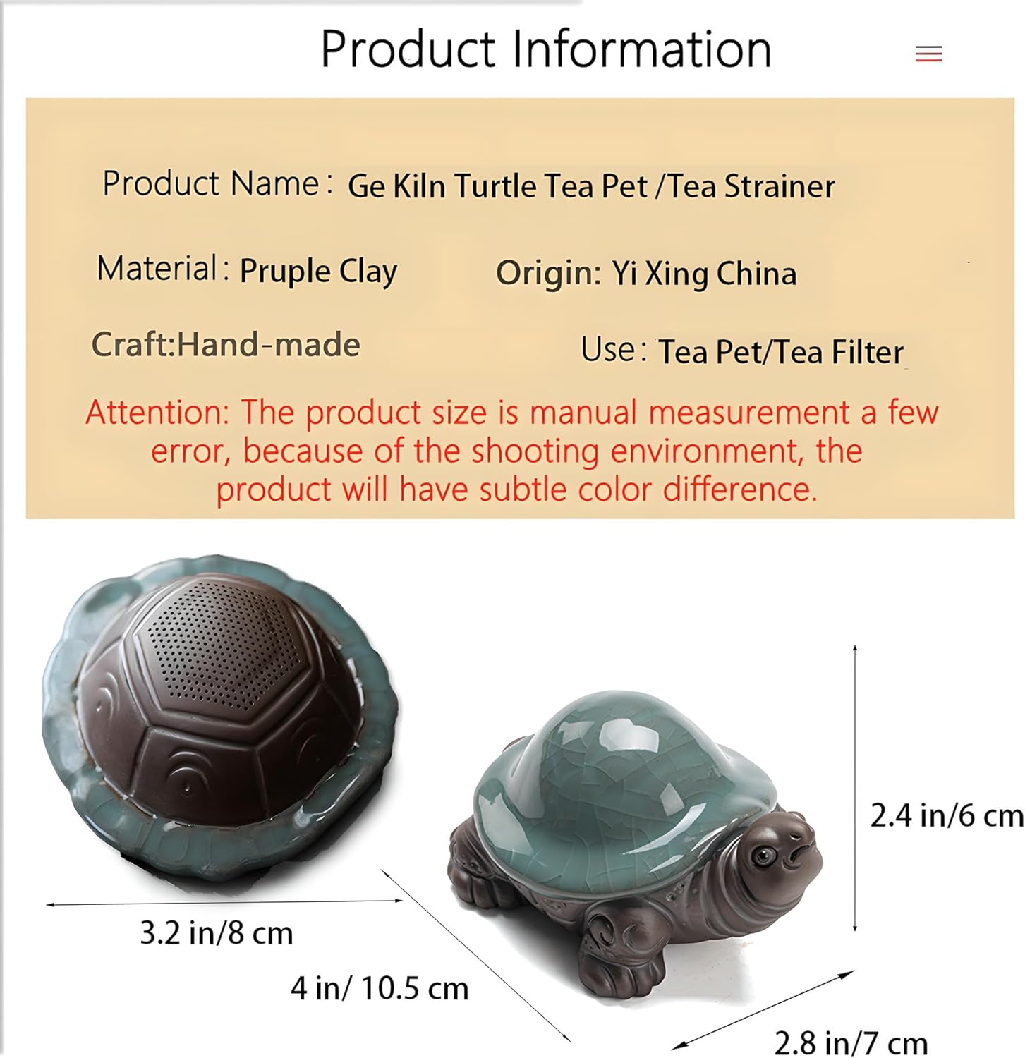 Ge Kiln Turtle Tea Pet: A Unique Porcelain Collectible with Turtle Shell Tea Strainer Included for Tea Tray Home Office Desk Feng Shui Decor Tea Lover's Gift (No Glass Pitcher)