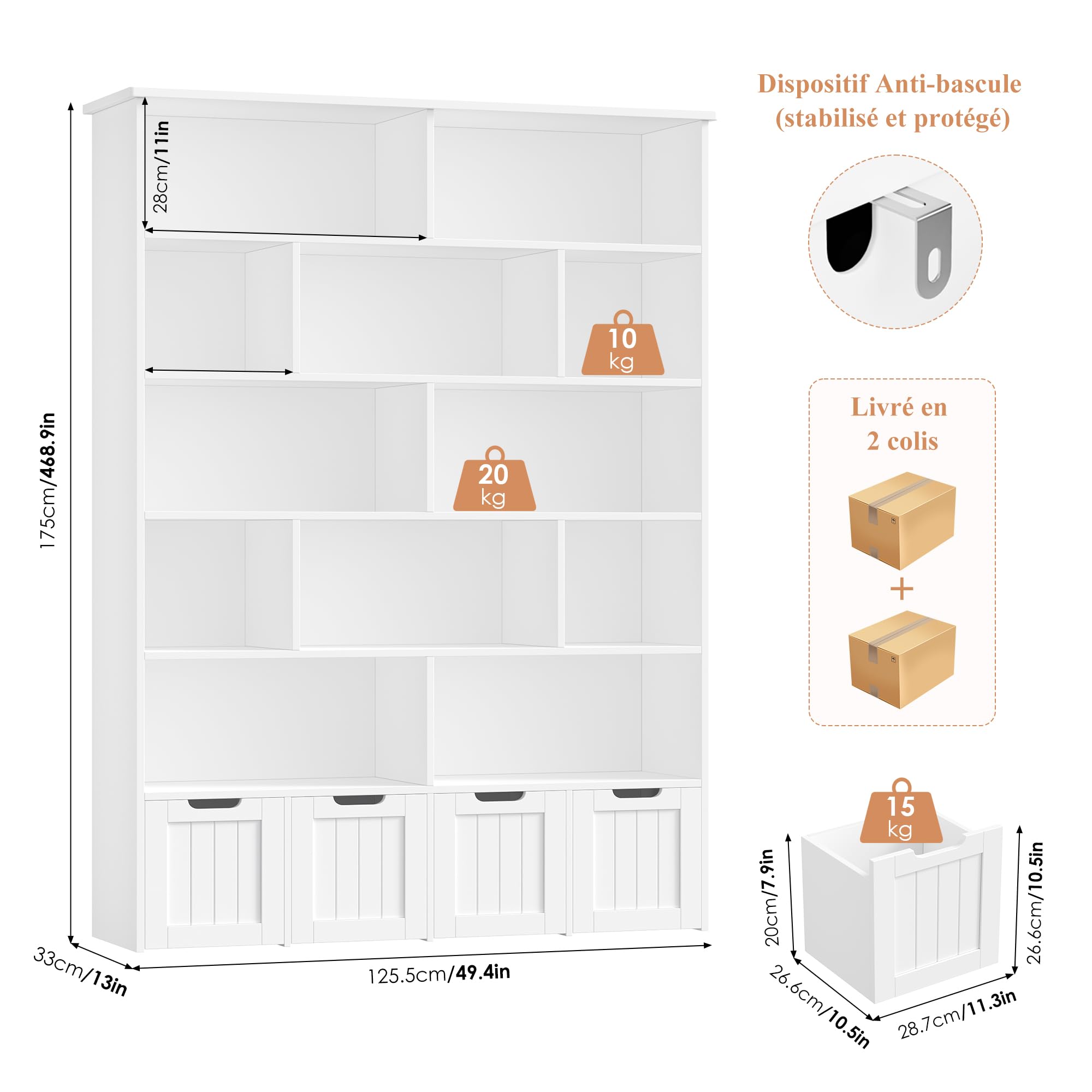 FOREHILL Meuble de Rangement Enfant Bibliothèque Enfant avec 13 Étagères 4 Tiroirs Roulants Rangement Jouet pour Chambre d’Enfant Salle de Jeu 125.5x33x175cm Blanc