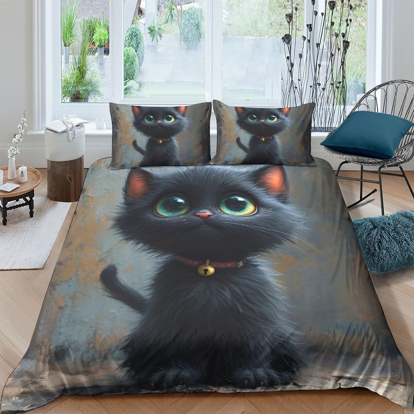 Ctjqhvkz Style-2 3D Printed Black Cat Fitted Sheet Microfiber Soft Breathable Cartoon Kitten Bed Cover For Bedroom Dorm Decor Single（135X200cm）