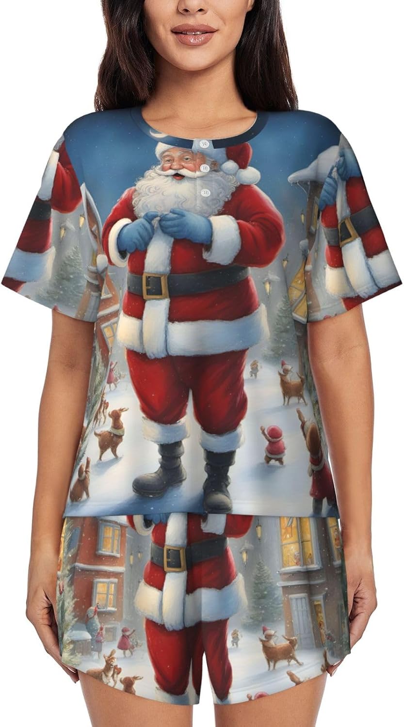 Santa Claus Snow Secenry Print Short Sleeve Pajama Set,Soft Comfy Pjs For Women,Perfect For Sleep And Loungewear