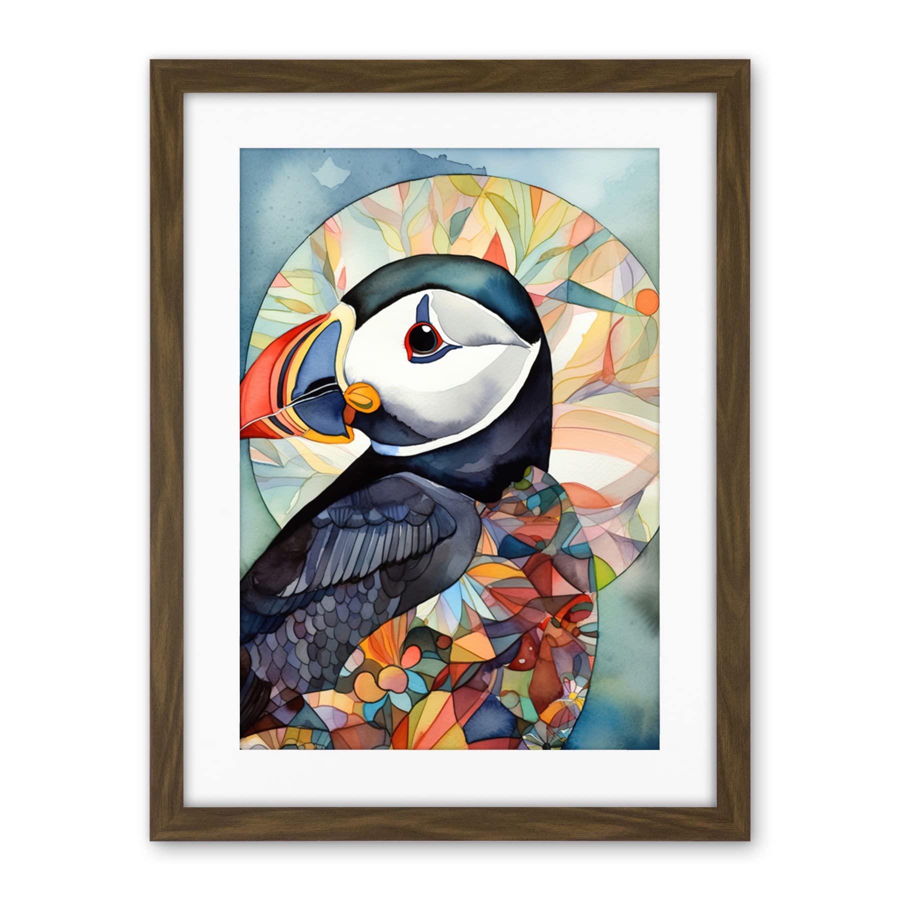 Artery8 Puffin Bird Portrait Folk Art Artwork Framed Wall Art Print 18X24 Inch