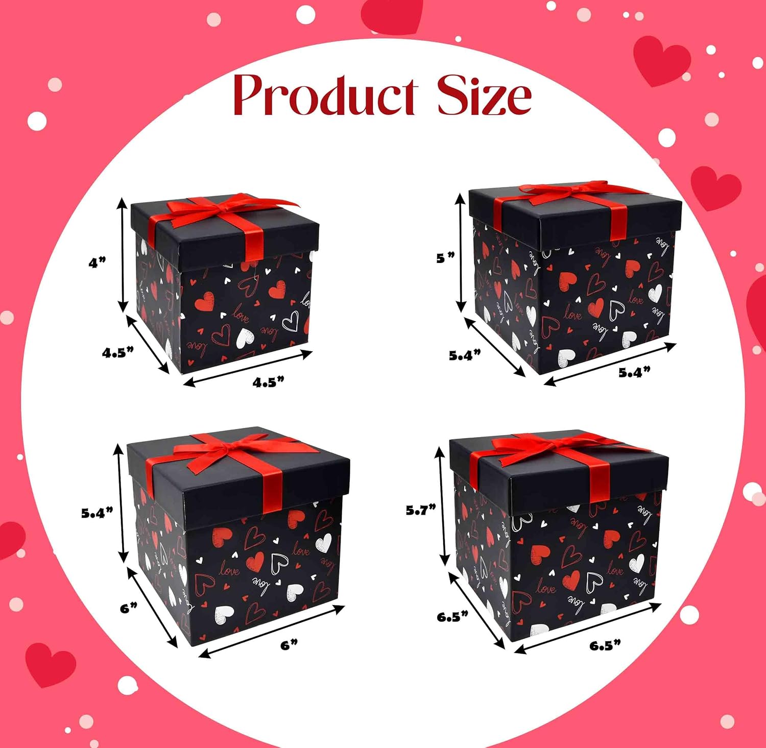 Gift Boutique 4 Pack Valentine Nesting Boxes with Bow Lids Black Red Hearts Stacking Square Box Gifts Presents Wrapping Birthday Wedding Party Decor - Image 2