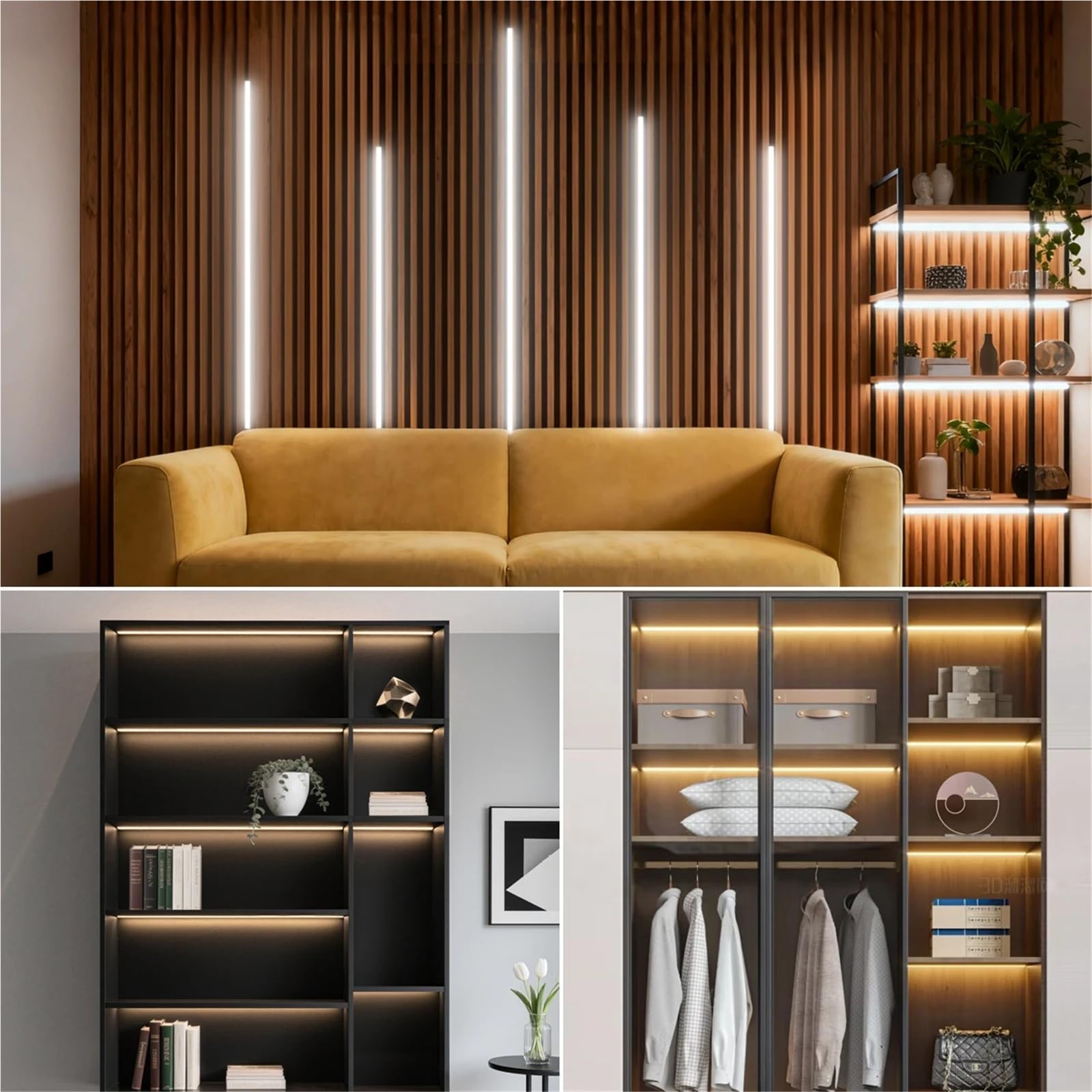Tira de luz neón lineal incrustable, cinta LED autoadhesiva, pared TV for el hogar, rejilla madera grano, cortina , decoración techo integrada(White,2 PCS COB NEON TAPE_5M 16.4FT_EUROPEAN POWER PLUG)