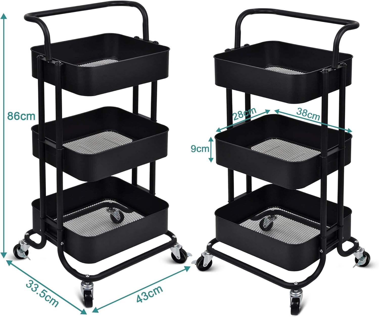 Amazon キッチンワゴン 収納ワゴン ベビーワゴン 台所収納 収納カート バスケットラック 炊飯器 ホームベーカリー トローリー 整理棚 キャスター付き 移動式 ３段 組立簡単 スチール製 頑丈 メッシュ 全体耐重45kg 幅43ｘ奥行33 5x高さ86cm ブラック キッチンワゴン