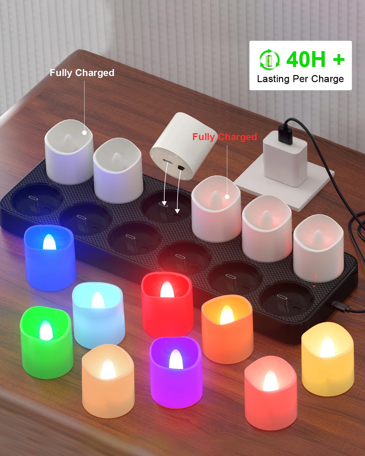 SoulBay 12er Bunte LED Teelichter Wiederaufladbar mit Fernbedienung & Timer | Aufladbare Teelichter mit Ladestation, LED Kerzen Aufladbar Flackernd für Kürbis Zimmer Wohnzimmer Halloween Deko Weihnachten