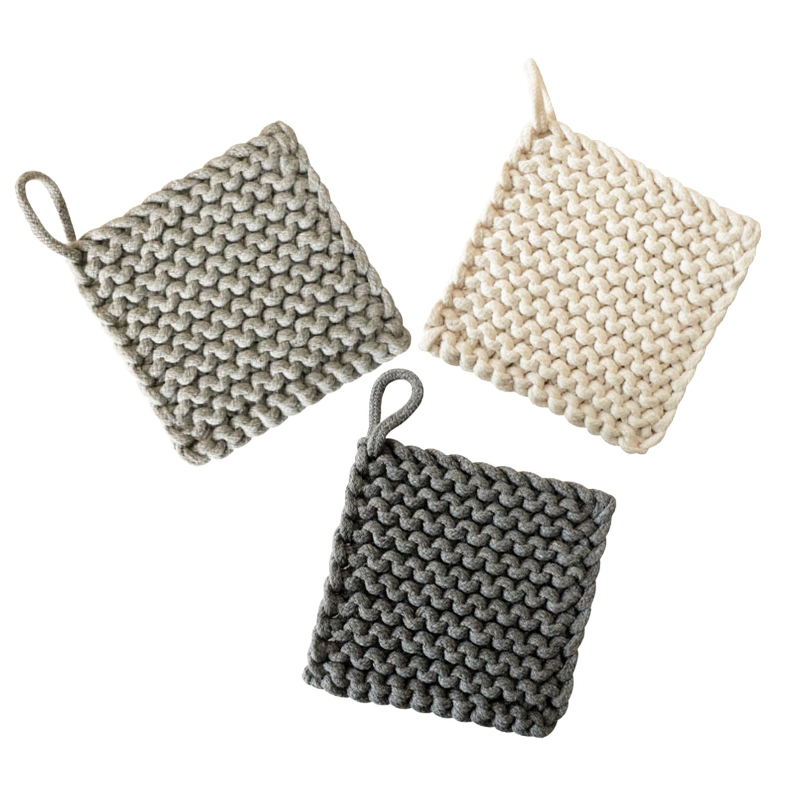 Garneck Set di 3 Presine da Cucina in Cotone Intrecciato Artigianali, Quadrate, Resistenti al Calore Design Multifunzionale e Gancio per Feste e Eventi
