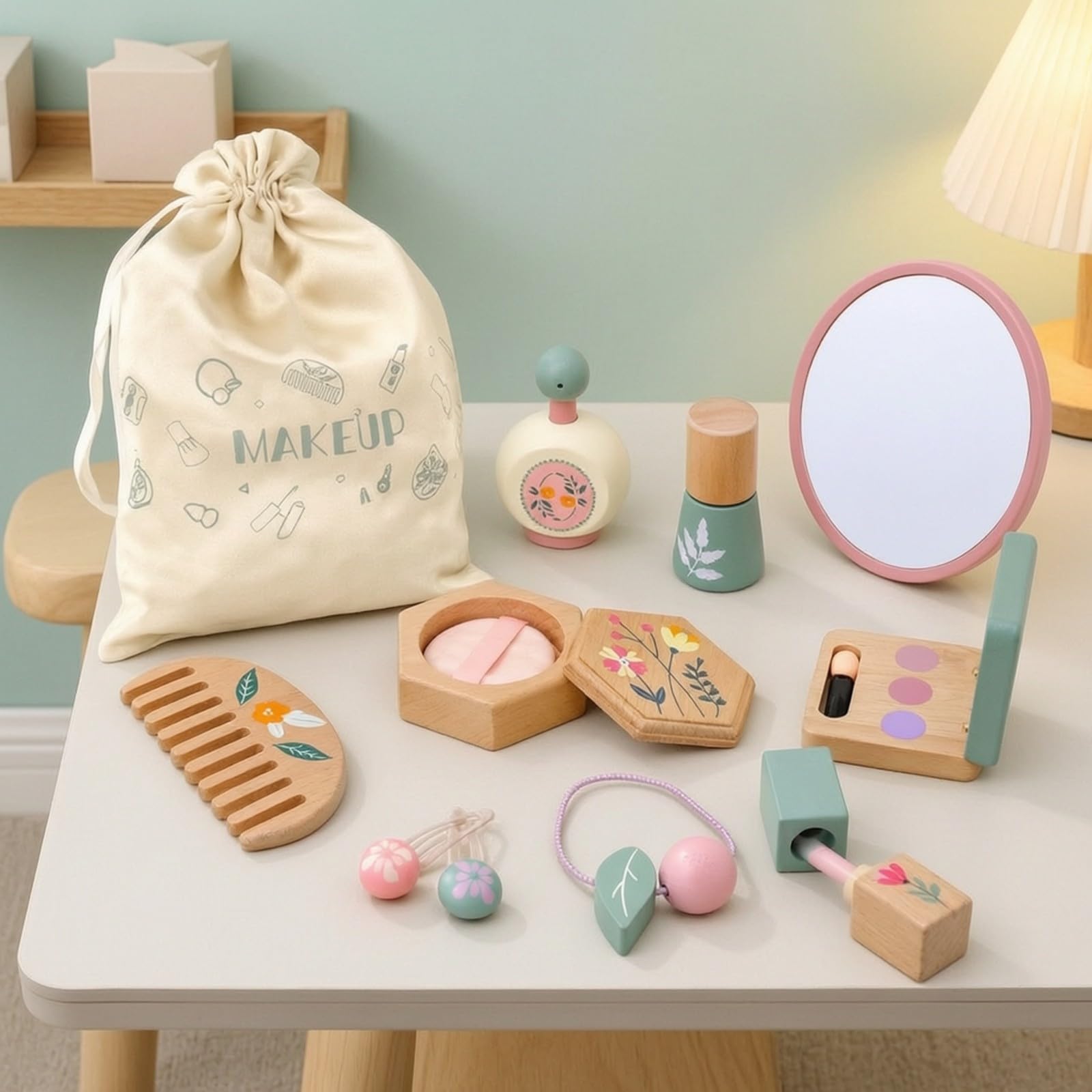Kit Trucco in Legno per Bambini con Borsa a Coulisse Sicuro Set di Trucchi Finto con Trousse Completo Giocattolo per Apprendimento Precoce