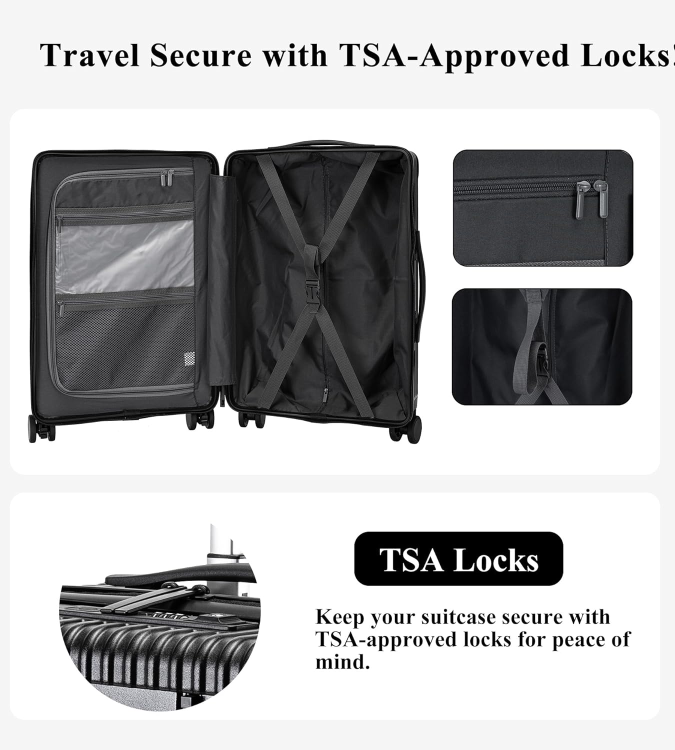 feilario 20in Hardside Spinner Wheel Luggage with Zipper Closure, Built-In TSA lock Carry on Suitcase, with Cup Holder & USB Port & Phone Holder Black(with zipper closure, 20in) - Image 4