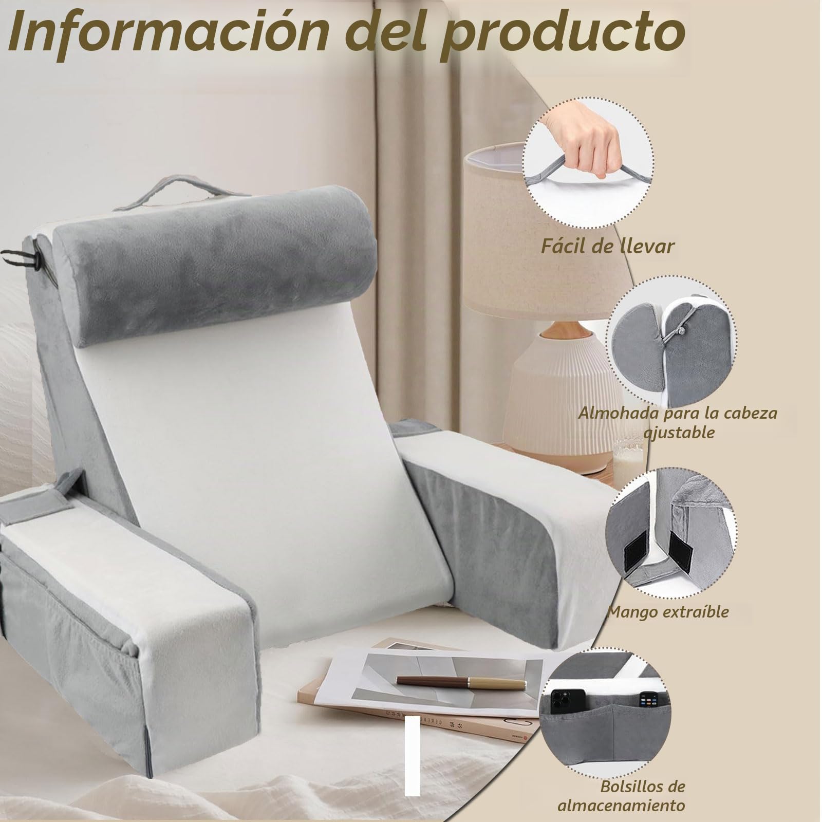 Almohada de Lectura para Cama y sofá, Almohadas de Espalda con Rollo de Cuello extraíble y reposabrazos, Adulto Cojin de Lectura, Cojín Lectura Cama ergonómica para Leer,Sentarse y acostarse