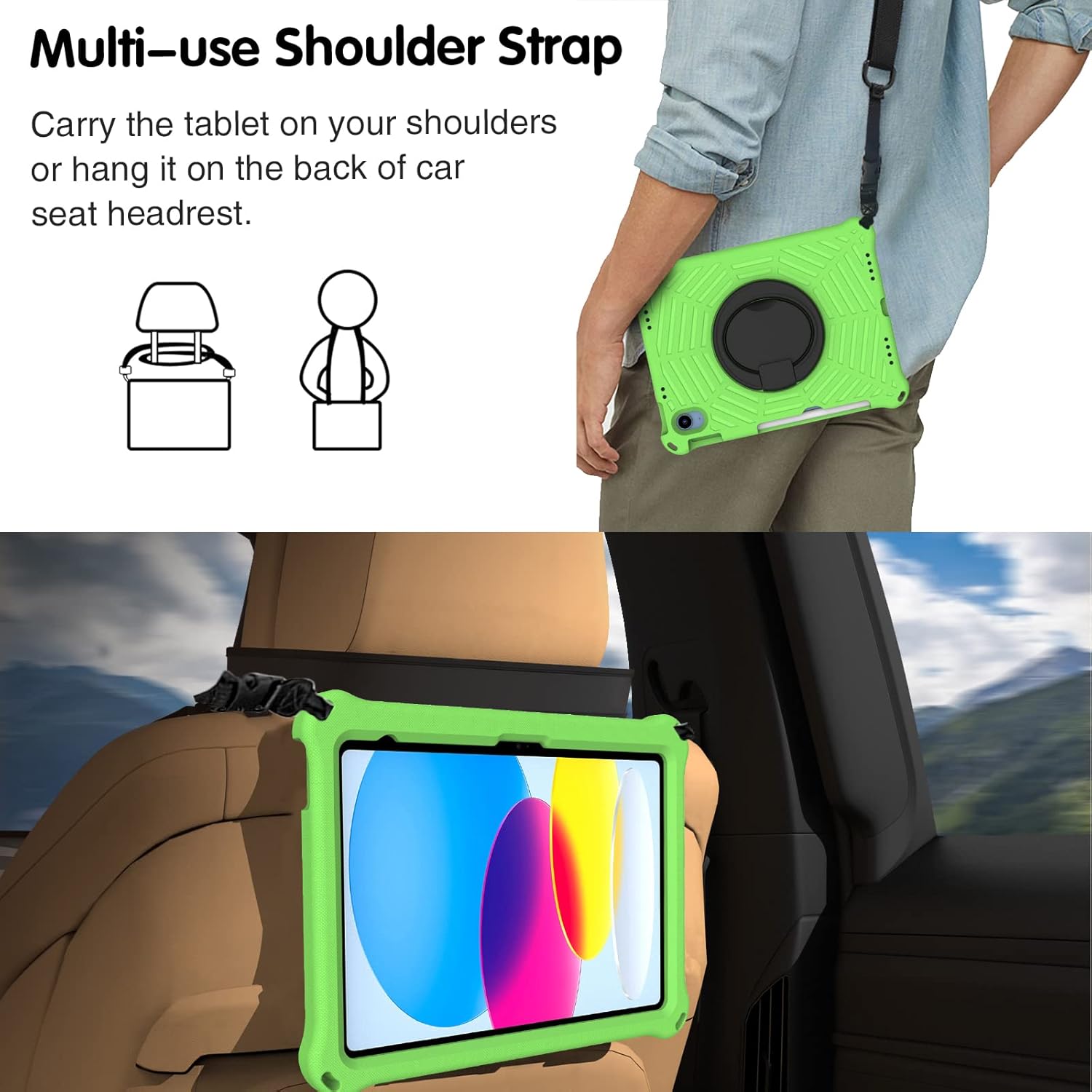 Dteck for iPad 11" (A16, 11th Gen, 2025) and iPad 10.9" (10th Gen, 2022 Release) Shockproof Case with Shoulder Strap/Pencil Holder/Rotating Kickstand, Drop Proof Protective Lightweight Cover, Green