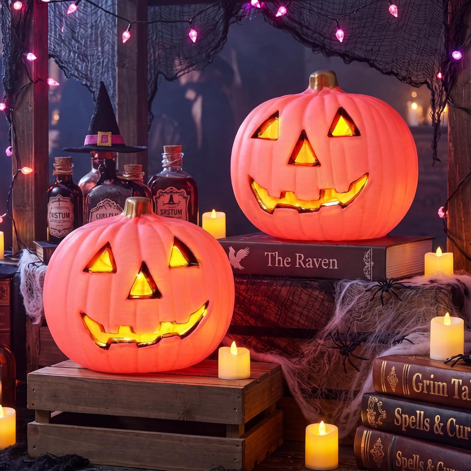 Retisee 2 Pack Pink Light up Jack O Lantern Halloween Pumpkin Decor