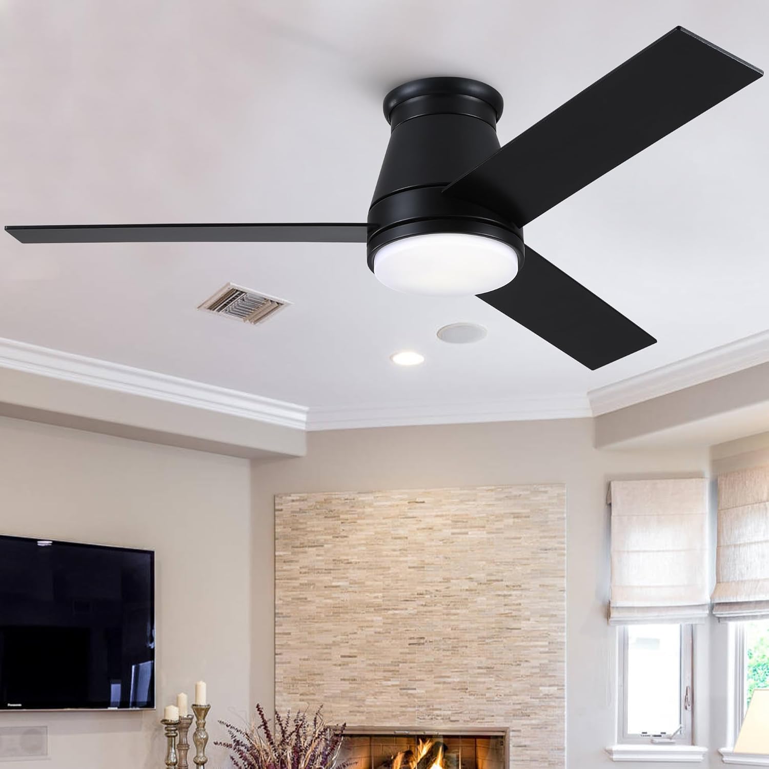 48" Black Low Profile Ceiling Fan with Light, Flush Mount, LED Dimmable, Remote, Space-Saving, 24W LED