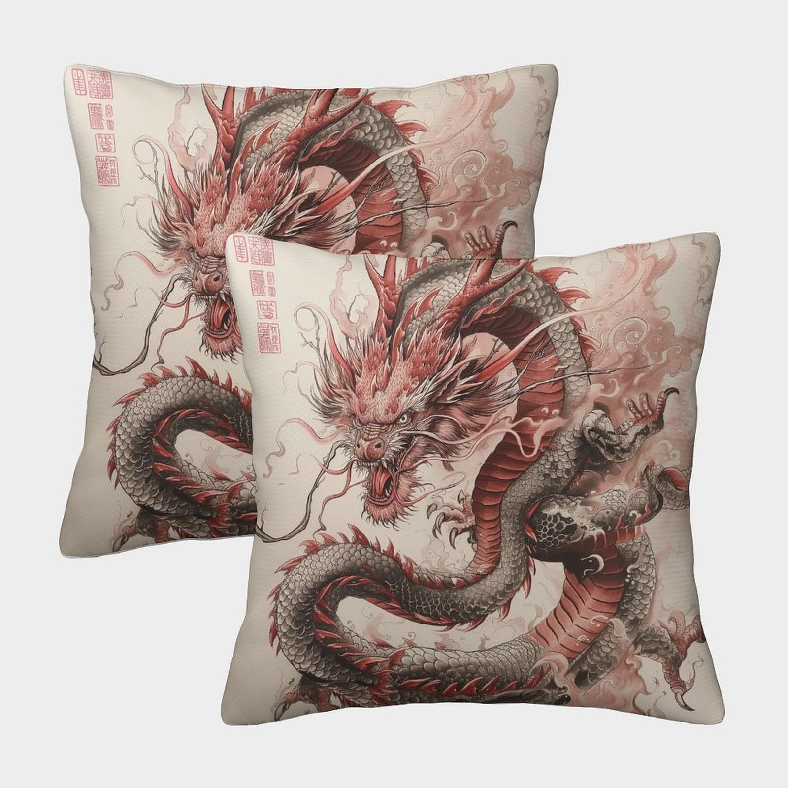 TNFHSOFT Japanese Dragon Cushion Cover 2 Pack Decorative Machine Washable Pillowcases Square Cushions with Invisible Zipper Cushion Covers for Outdoor Home Bed Decor Throw Pillow Cases 45x45cm