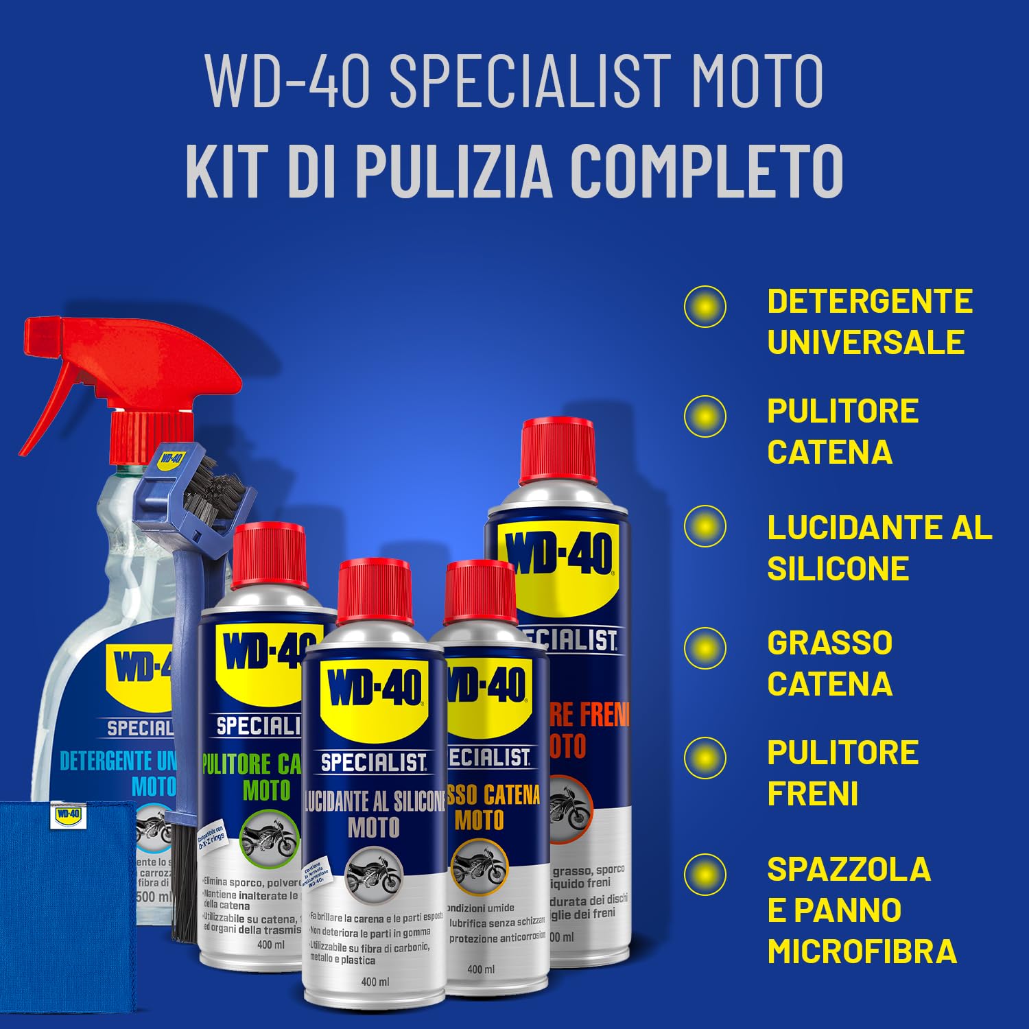 WD-40 Specialist Kit Manutenzione Moto Professionale 5 Prodotti con Detergente 500 ml, Pulitore Freni 500 ml e Catena 400 ml, Grasso Catena 400 ml, Lucidante silicone 400 ml, Spazzola Panno Microfibra