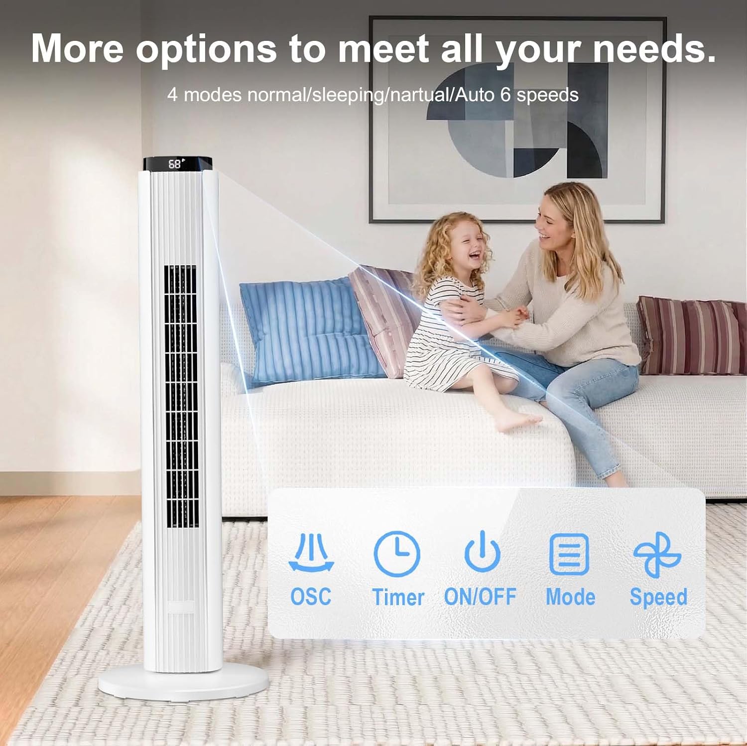 Antarctic Star 37-Inch Bladeless Portable Tower Fan 80°Oscillating,Quiet Cooling with 12H Timer Remote Control, 6 Speed, 4 Modes, LED Display,Standing Fan Powerful for Bedroom Office Dorm, White