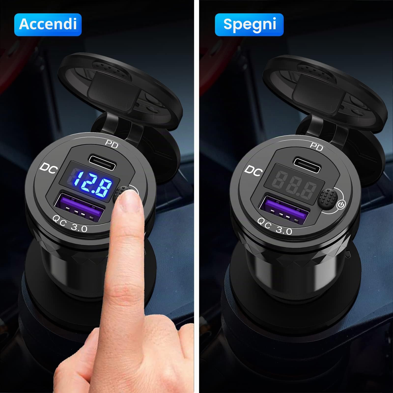 Presa DIN a USB C Caricabatterie per Moto: Qidoe Metallo Dual Porte QC3.0 e PD3.0 Adattatore Din Hella a USB con Voltmetro Interruttore per 12-24 V Motocicli Europei Ducati/Triumph/BMW