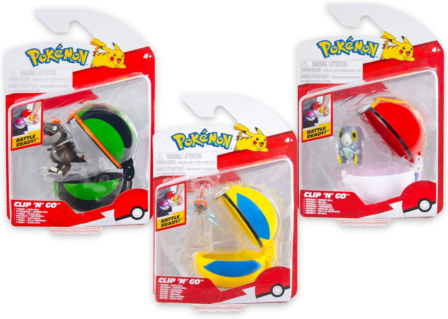 Pokemon Clip 'N' Go Poke Ball Figurine Set - Bundle with 3 Figurines and Pokeballs Featuring Rotom, Frigibax, and Tyrunt Plus Cards | Pokemon Battle Pack Figures