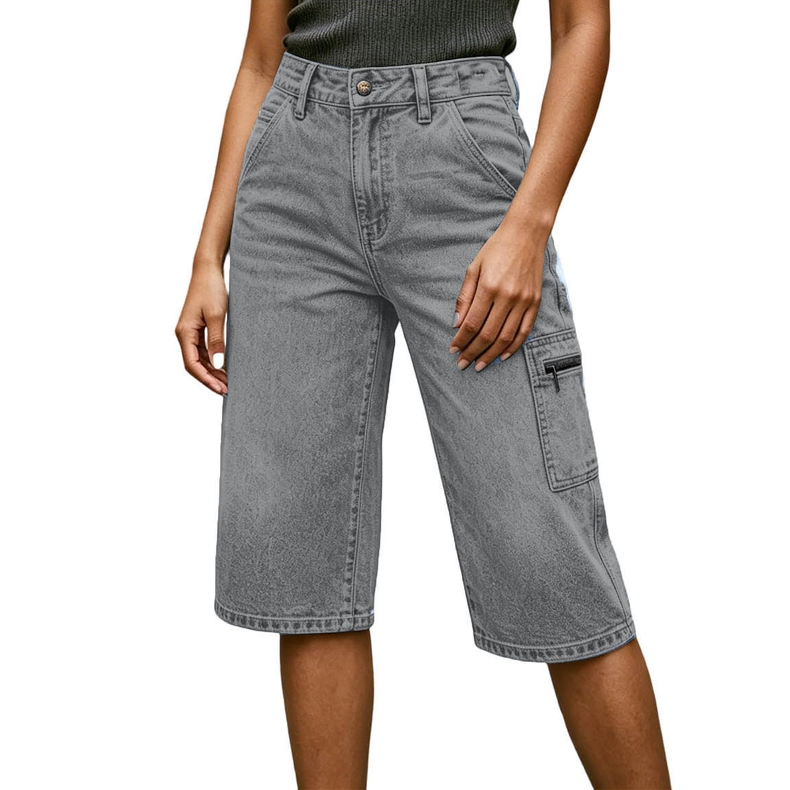 Pantalones Casuales Bolsillos Laterales Cremallera, Vaqueros Mezclilla Liso, Corte Holgado Pierna Recta, Mujer