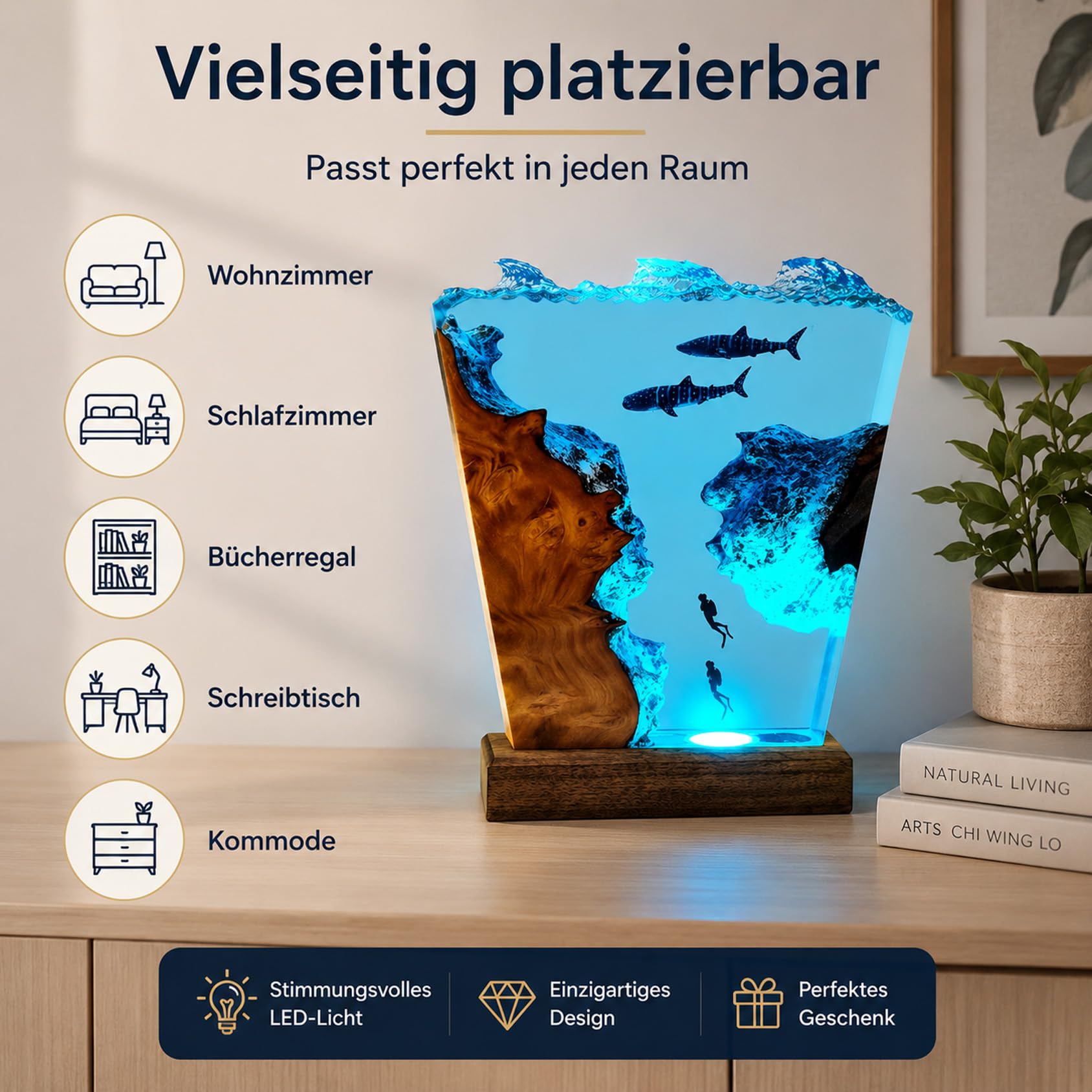 Drawelry 3D Meer Wal Hai Harz Nachtlichter Unterwasser Ornamente (E3) | Holzsockel, USB-Kabel, Ozean Szene, Epoxidharz Lampe,Heim Büro Deko,Weihnachten Geburtstag Geschenke
