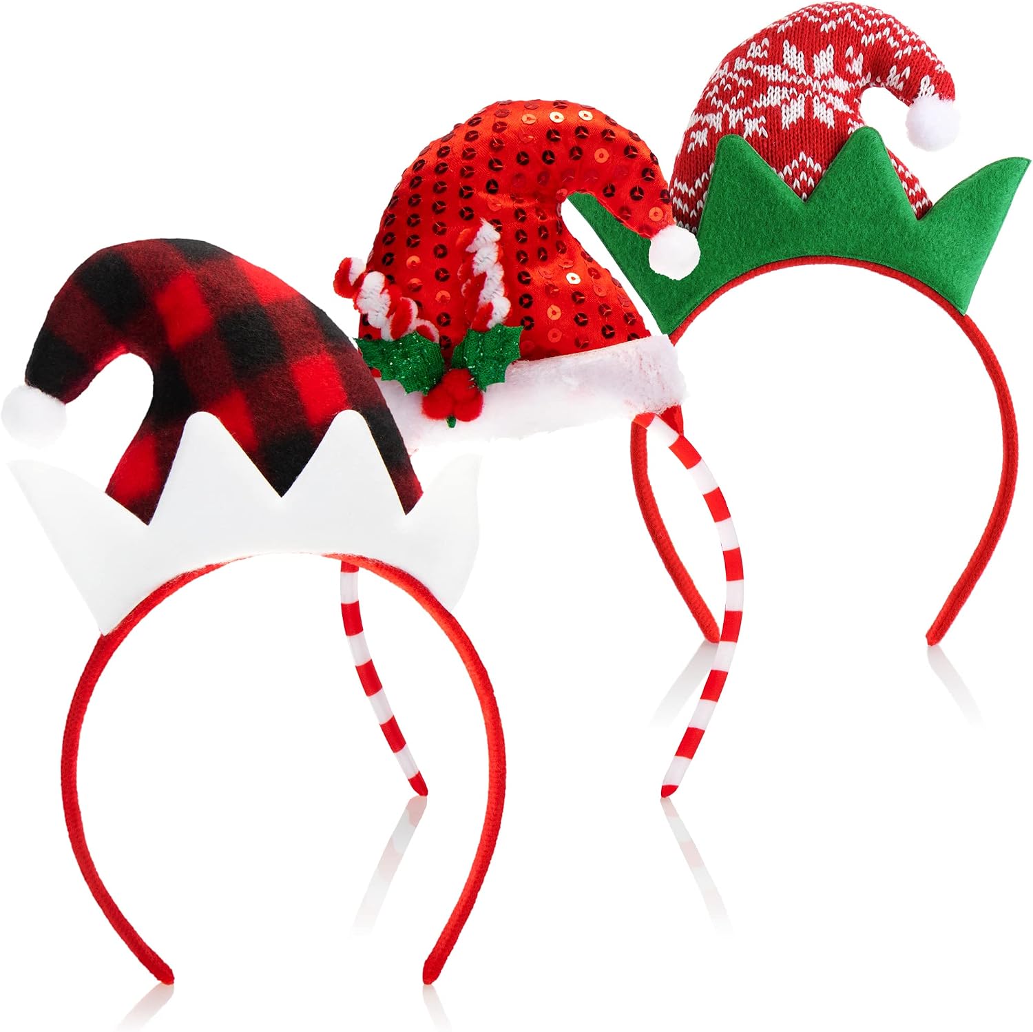 com-four  3x Haarreif Weihnachten - Kopfbedeckung & Weihnachtshut - Verkleidung Weihnachtself - Haarreifen mit Zipfelm tzen Design - Weihnachtskost m