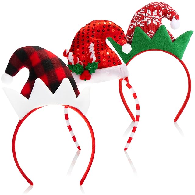 com-four® 3x Diadema navideña, Tocado y gorro navideño, Disfraz de duende