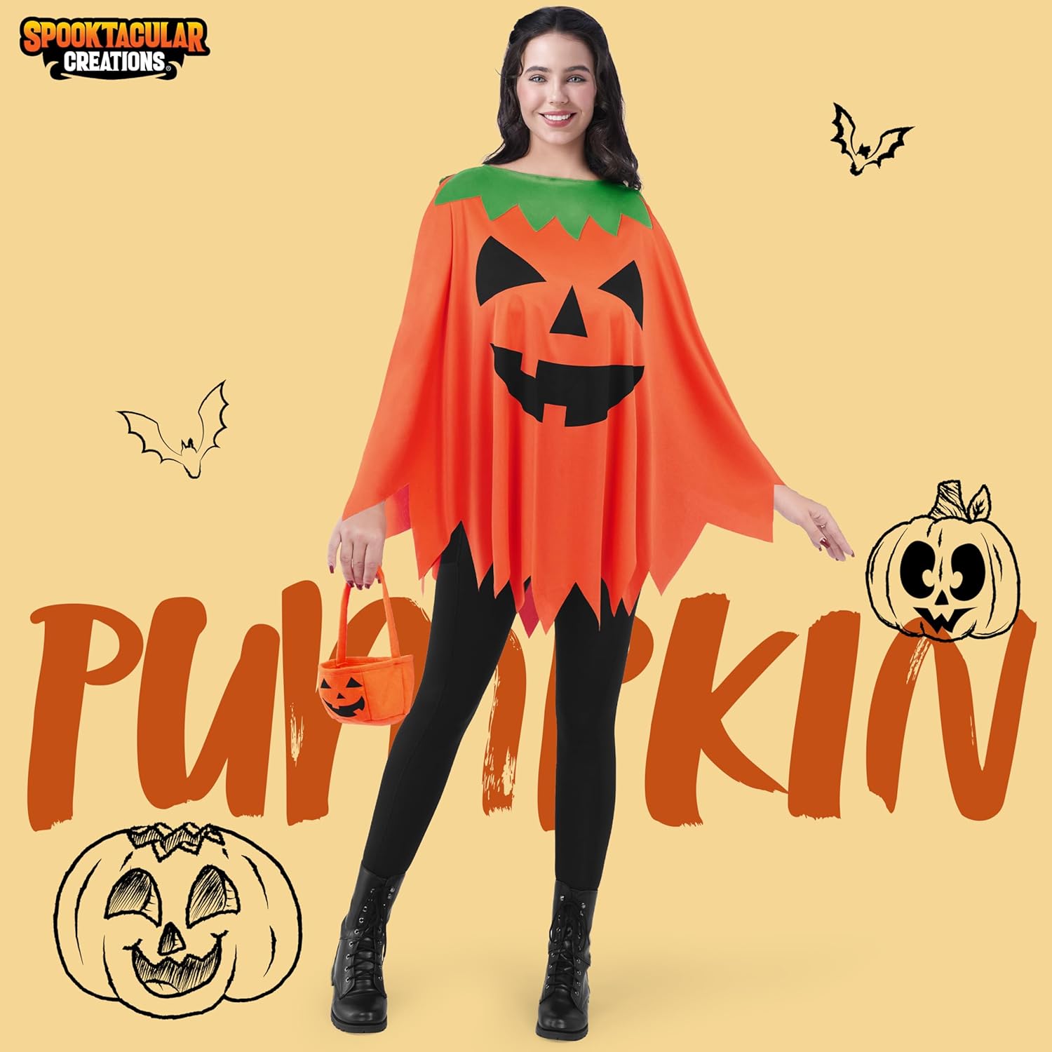Spooktacular Creations Halloween Pumpkin Poncho Costume, Pumpkin Costume Set for Women for Adult to Halloween Parties, Adult parties, Ghost Costumes Events and Role Play - Image 2