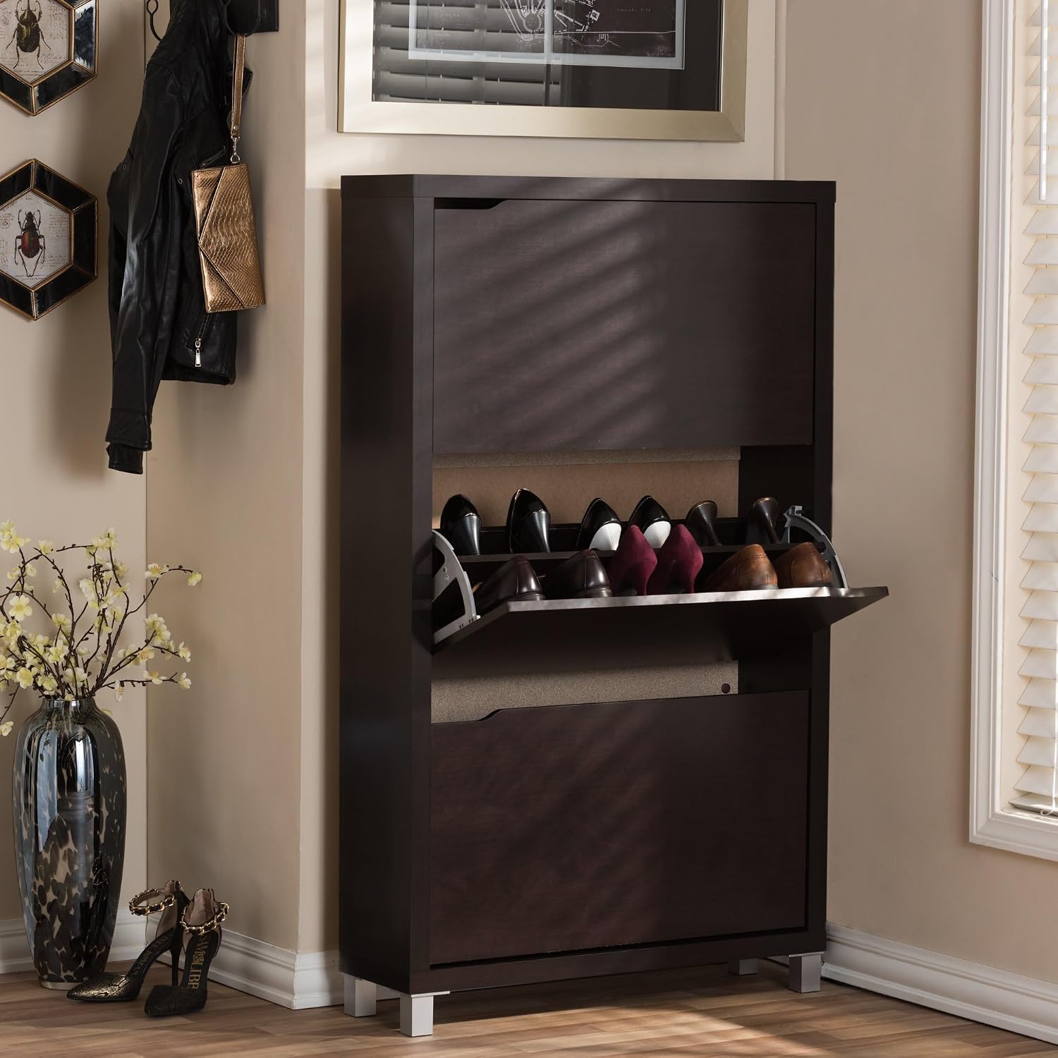 BOWERY HILL Modern Shoe Cabinet, Engineered Wood Frame, Dark Brown Faux Wood Grain Finish, 3 Doors with Storage, Fits Up to 18 Pairs, Compact Hallway, Mud Room, or Entryway Shoe Organizer