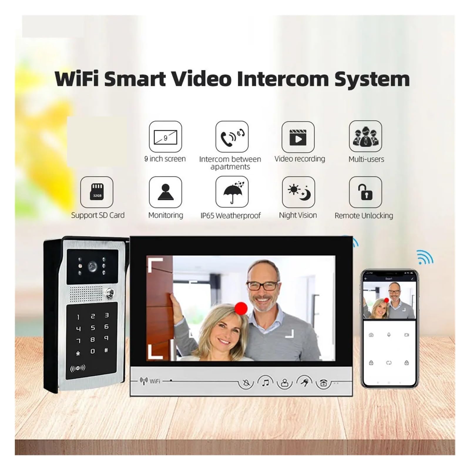 Sonnette Vidéo 4 en 1 9 Pouces avec Déverrouillage Wi-FI, Interphone Vidéo, Caméra avec Mot De Passe Et Serrure De Porte À Commande Électrique