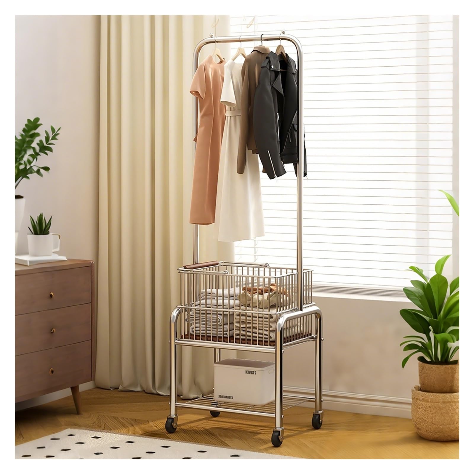 Portant à vêtements à roulettes en métal noir avec étagères de rangement pour chambre