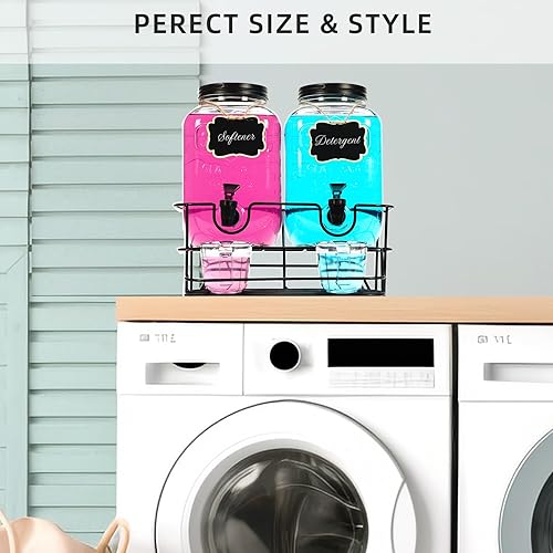 Miniatura 5 de 2 juegos de dispensador de detergente para ropa de 1 galón con soporte, taza medidora, contenedor de detergente de vidrio para lavandería para