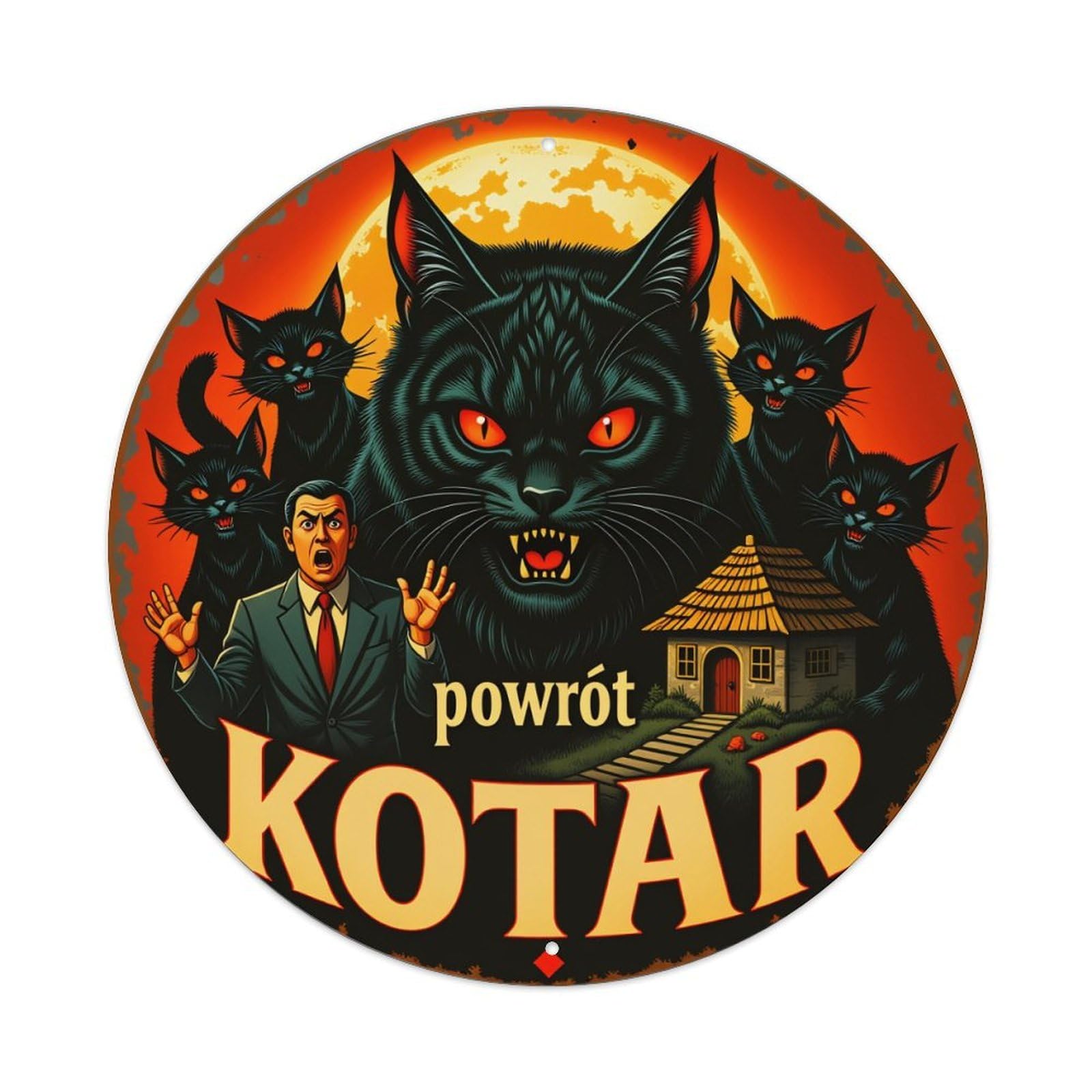 Black Cat Man House Moon Round Tin Sign Vintage Metal Poster Retro Bar, Home, Man Cave, Kitchen, Laundry Room Wall Art Decor Gift 8x8Inch