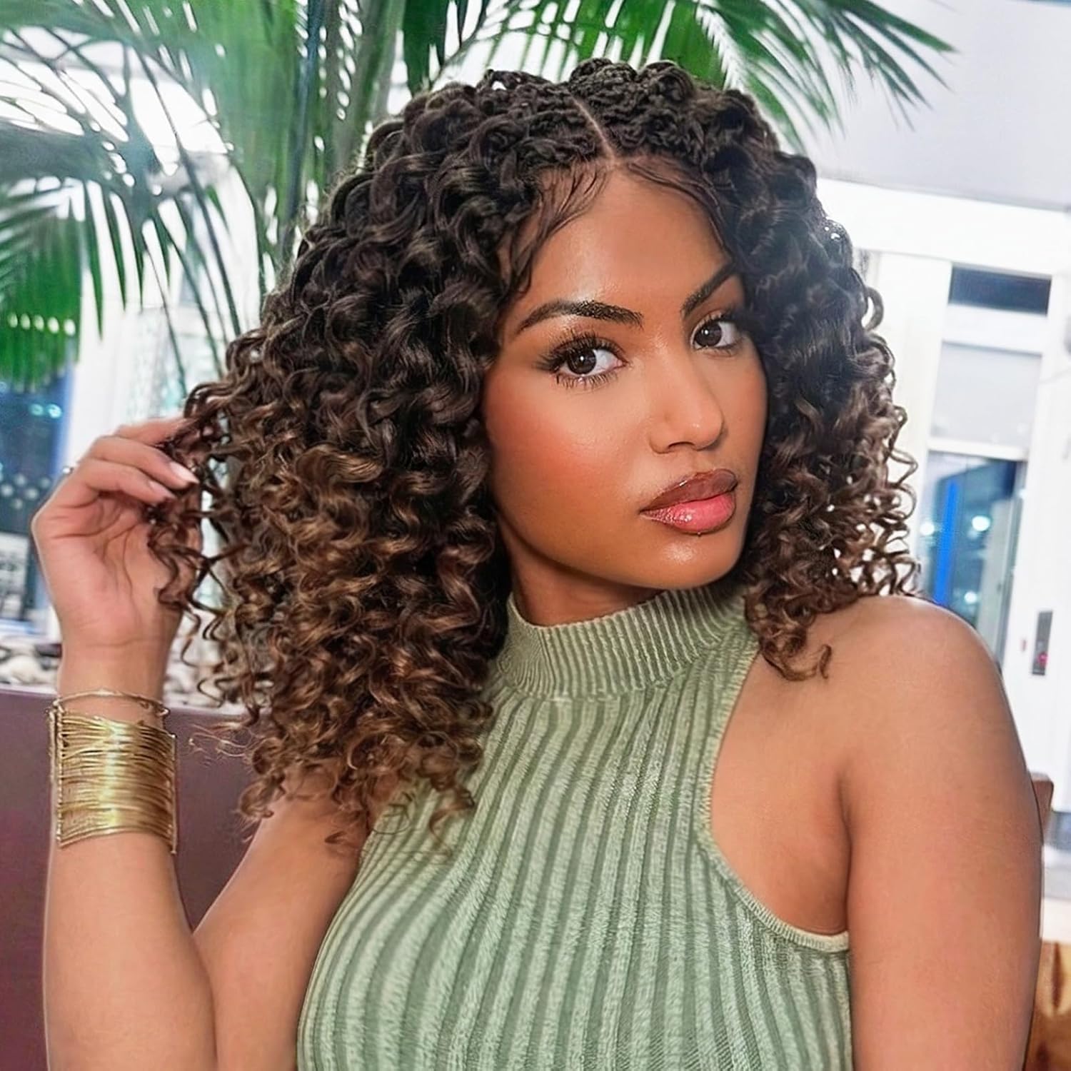 Lady Miranda Double Full Lace Braided Wigs for Black Women GoGo Curl Braided Wig Synthetic Lace Front Wigs for Black Women Knotless Curly Braid Wig Ombre Brown Pre Plucked Wig(Ombre Brown)