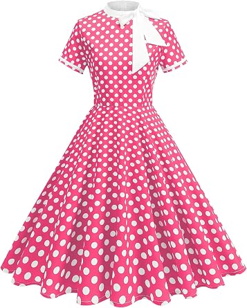 50s Style Dresses for Women Vintage Polka Dot Short Sleeve Tie Neck Swing Dress Midi Prom Retro 1950s Dress
