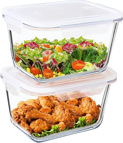 Recipientes grandes de almacenamiento de alimentos de vidrio de 88 onzas, juego de tamaño familiar con tapas de bloqueo, sin BPA y a prueba de