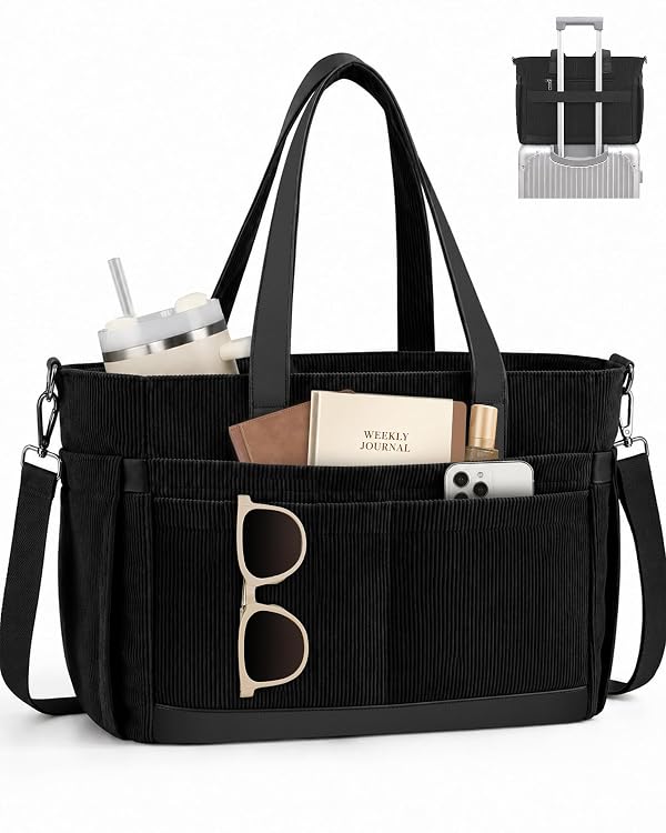 FIORETTO Corduroy Laptop Tote Bag for Women with 17 Pockets Black L by FIORETTO - Used condition - US$27.19