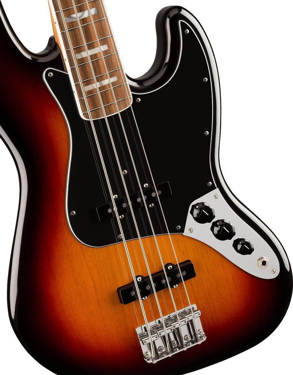 Close-up of Fender Vintera '70s Jazz Bass controls and pickups