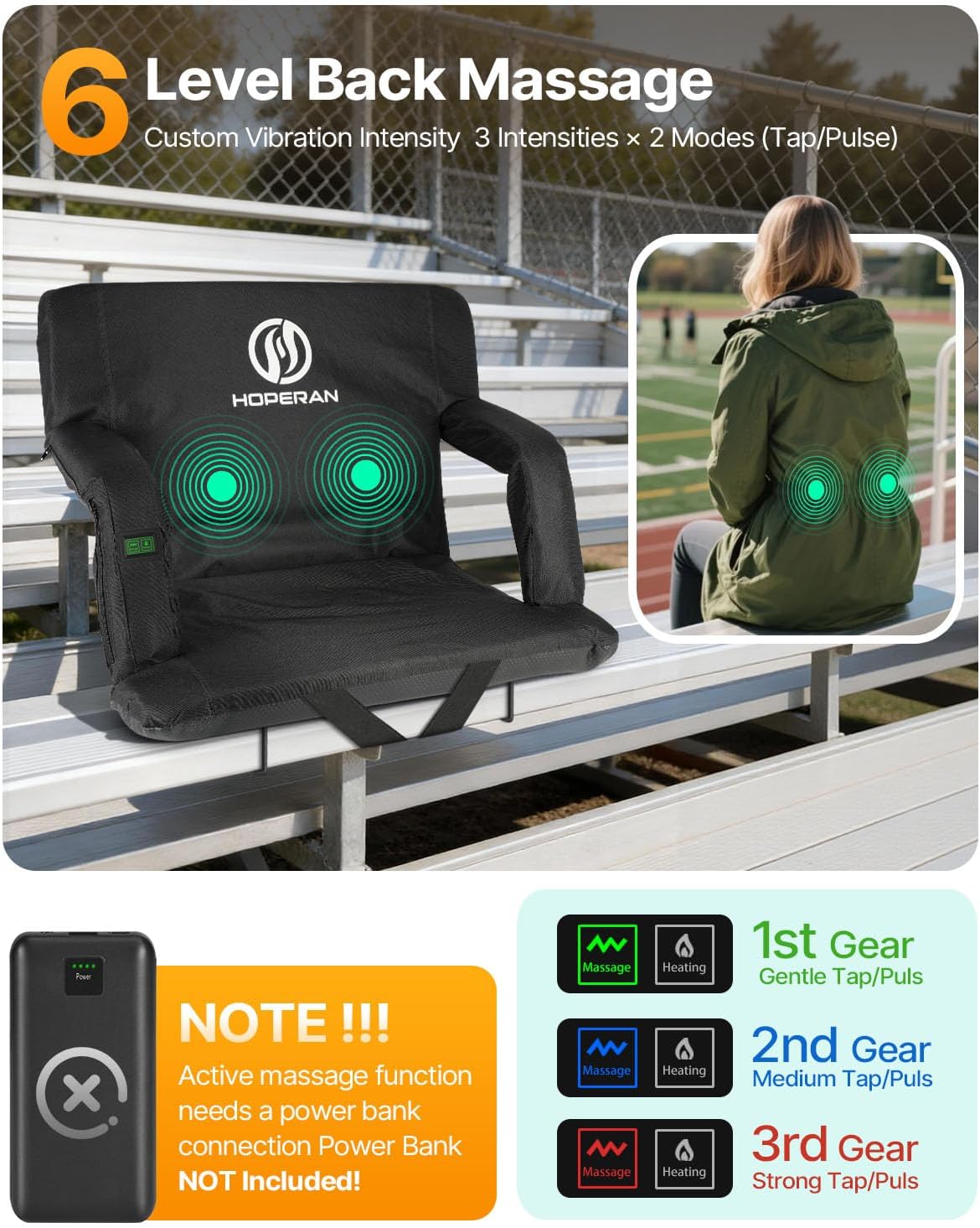 HOPERAN Massage Heated Stadium Seats for Bleachers, Dual Control, Portable image 3