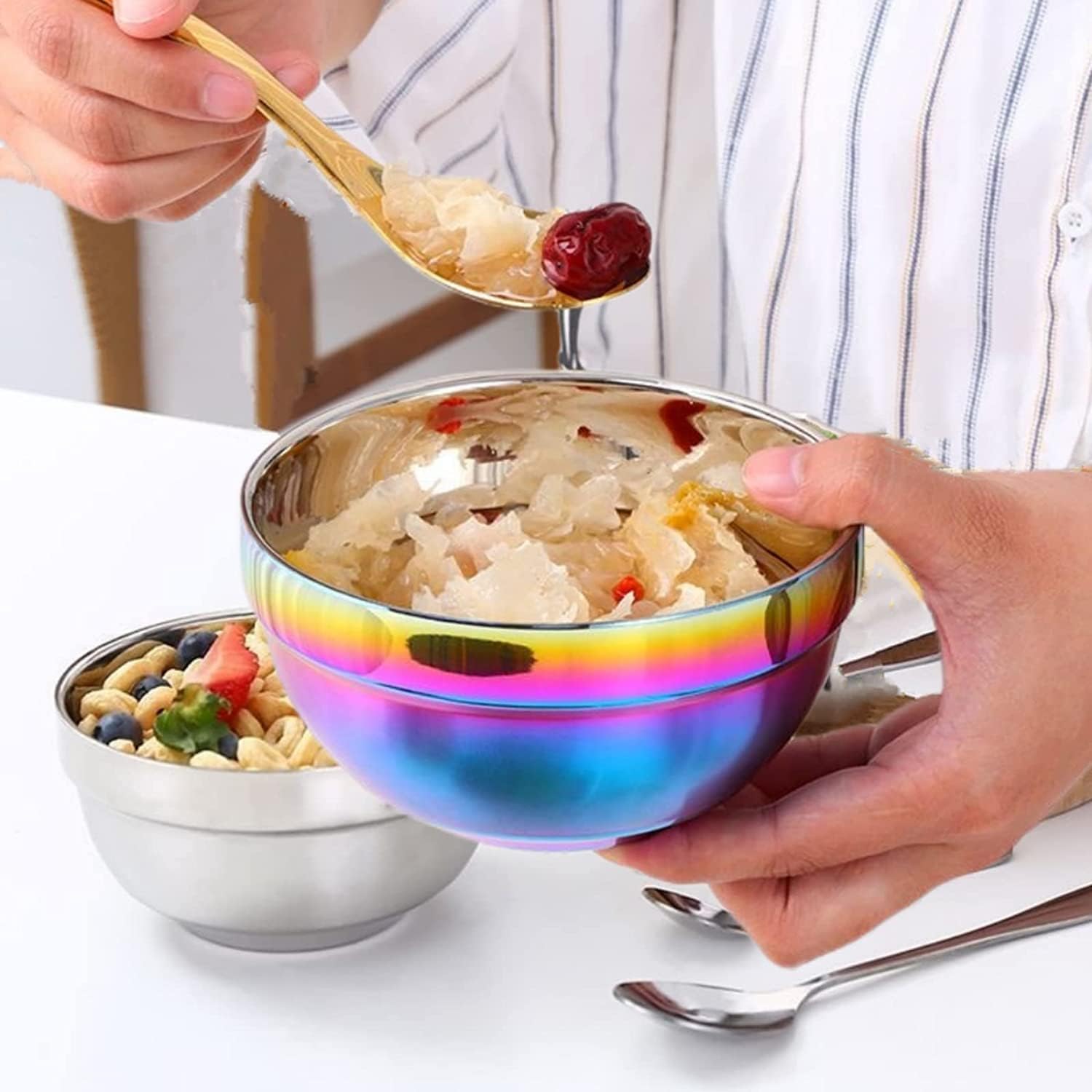 Rainbow Bowl Set of 6, 304 Stainless Steel Dinnerware Metal Double-walled Insulated Cereal Bowls for Eating Kitchen, Dishwasher Safe and Unbreakable